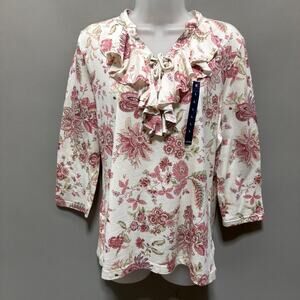 NWT Chaps Denim By Ralph Lauren Cream Paisley Ruffled Blouse Women's Large